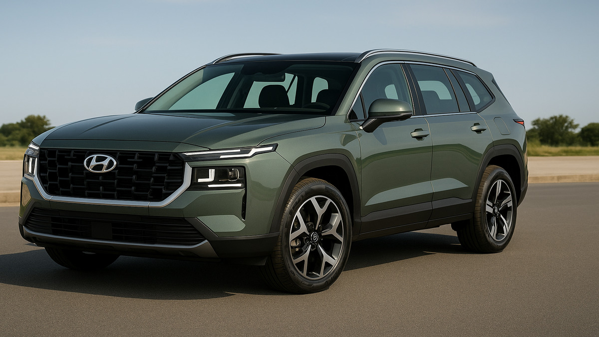 Hyundai Santa front 3/4 angle view showing LED lights and bold design