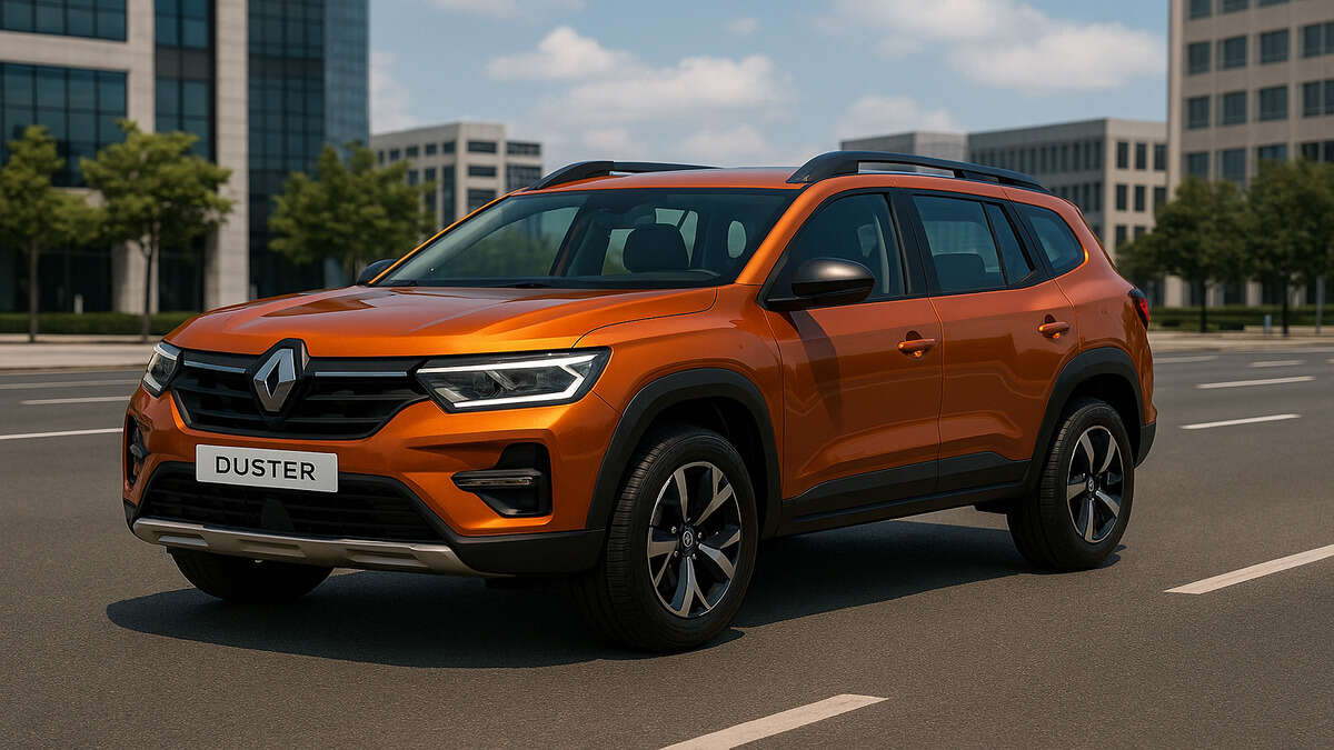 New-Gen Renault Duster front three-quarter view in burnt orange parked on a modern city road.