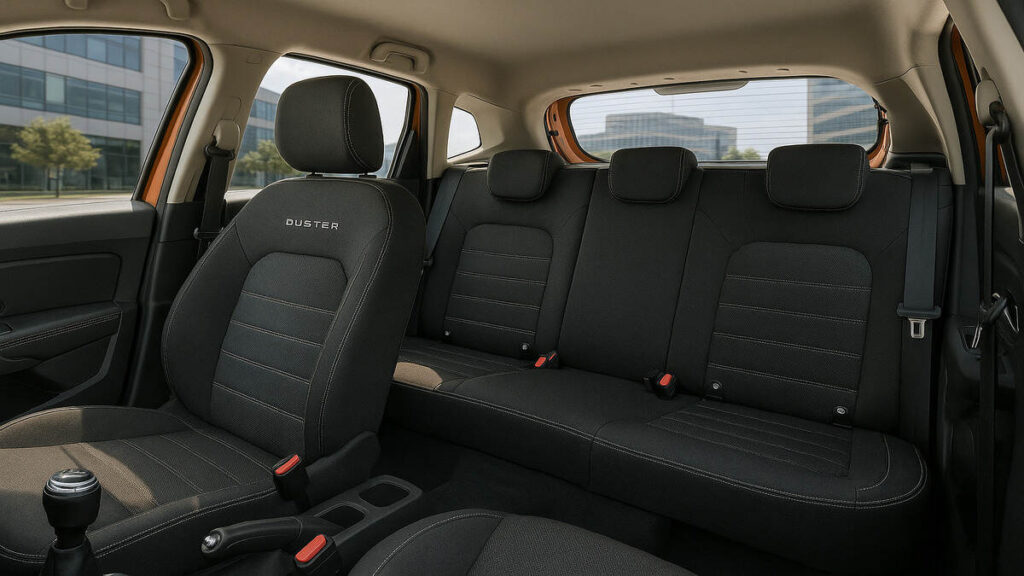 Renault Duster seating and comfort layout with front and rear fabric seats and headrests.