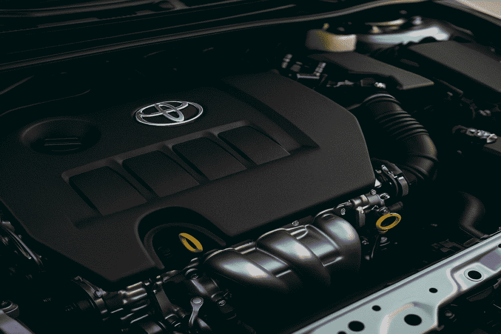 Toyota Corolla 1.8L petrol engine bay with clean metallic parts in daylight
