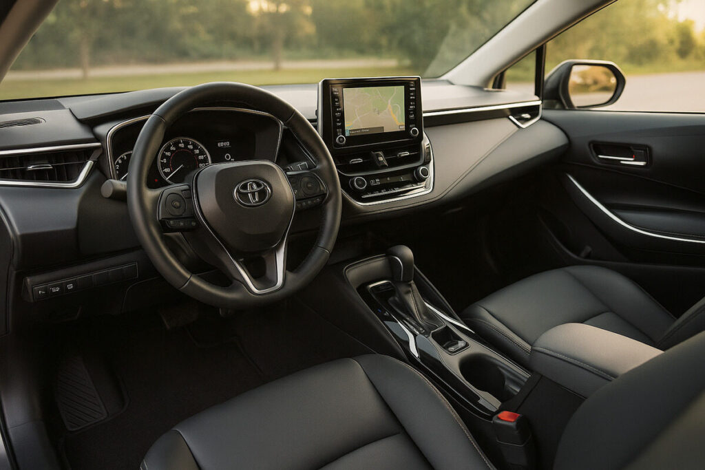Toyota Corolla interior view from driver seat showing leather seats and dashboard