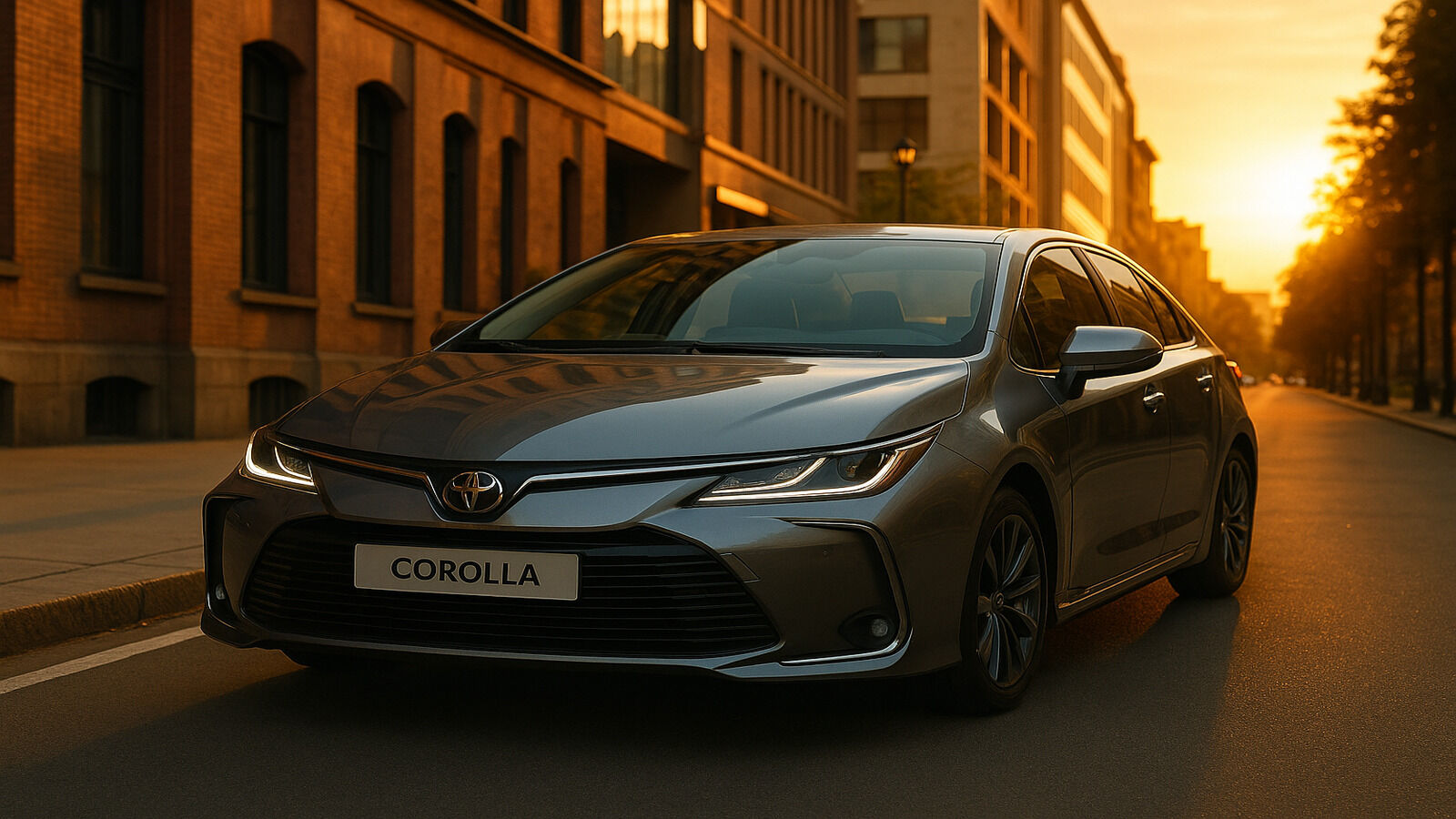 Toyota Corolla parked on a city street at sunset in golden hour light