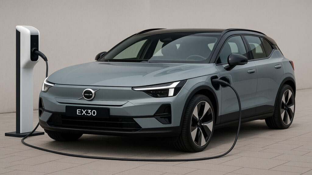 Volvo EX30 electric SUV charging at station